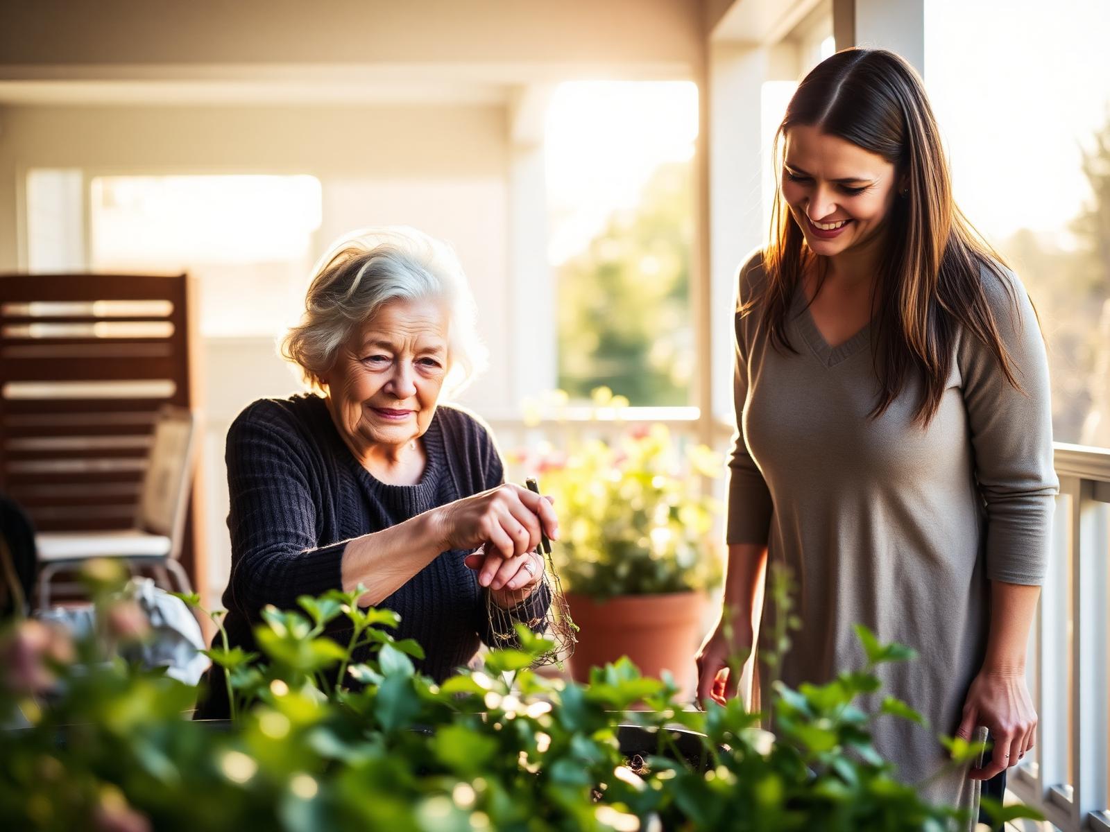 An older woman gardening on a sunlit porch with her adult daughter