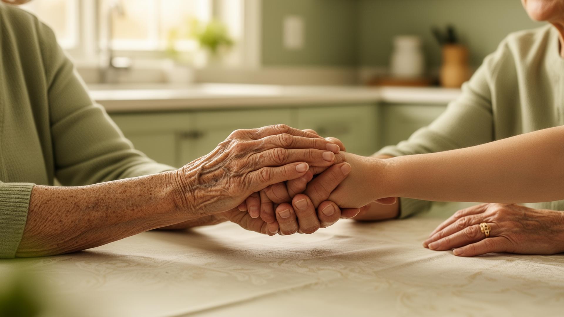 An older woman and an adult child holding hands across a kitchen table
